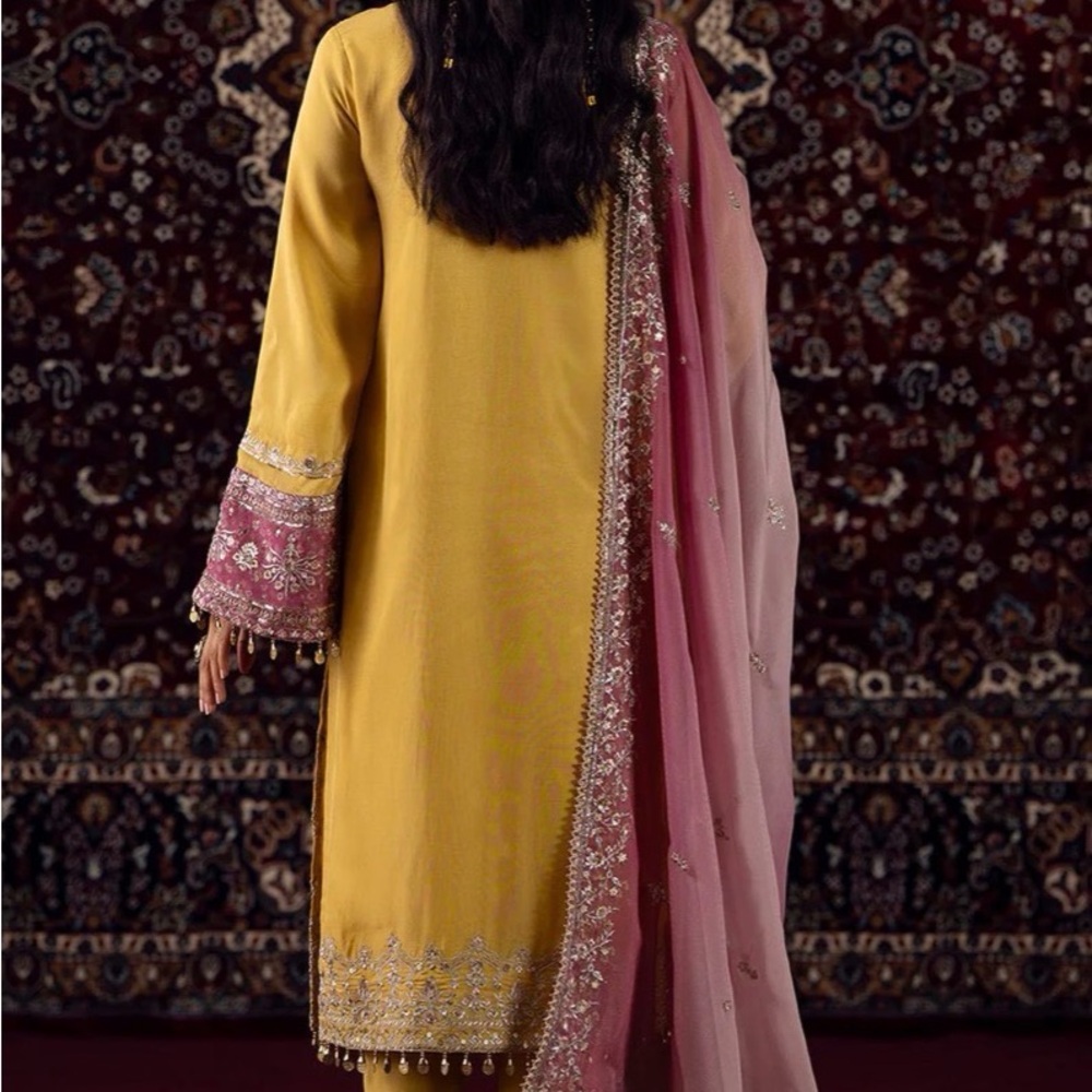Elegant Yellow Embroidered Women Salwar with Pink Dupatta - Picture 3 of 3